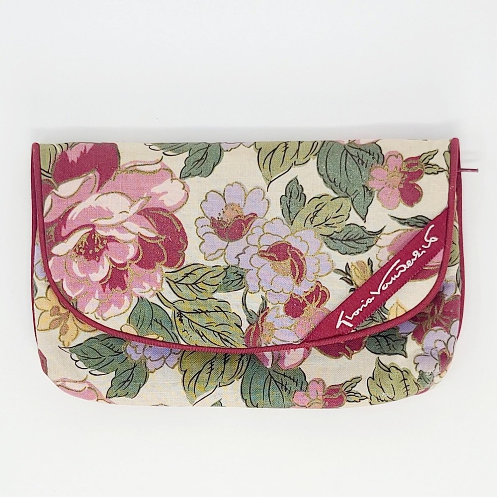 Vintage Gloria Vanderbilt Floral Makeup Bag Women 7in Burgundy Pink Green Pouch - Picture 2 of 4
